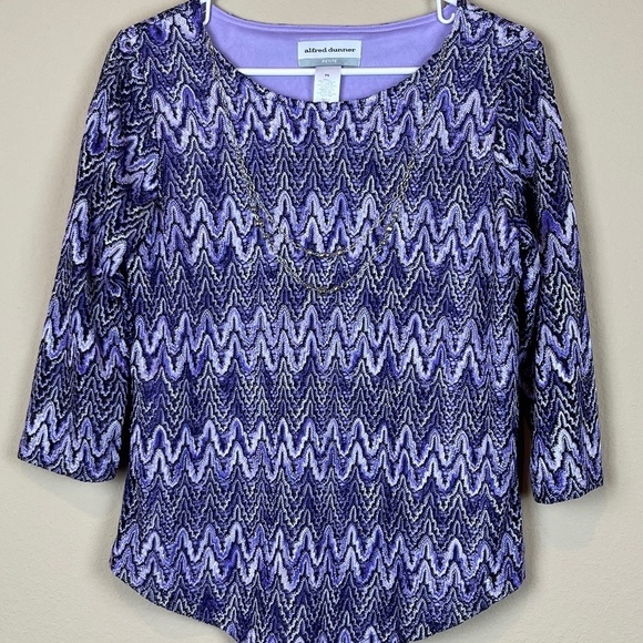Alfred Dunner Purple Wisteria Lane 3/4 Sleeve Top with Silver Necklace; Size SP - Picture 1 of 8